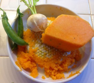 Variety of vegetables that will be grated on the ceramic grater: yellow butternut squash, turnip and green beans